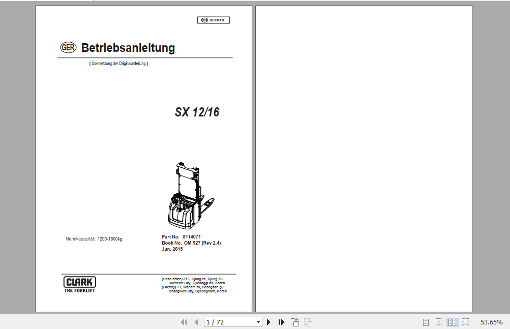 Clark Forklift SX12 16 German Operator Manual 8114067 1