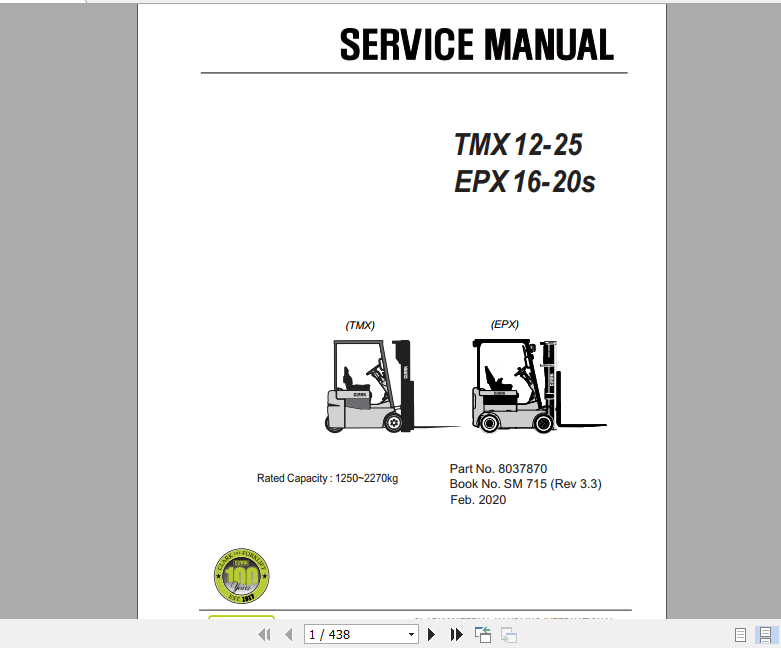 Clark Forklift TMX 12 25 EPX 16 20s Service Manual 8037870 1