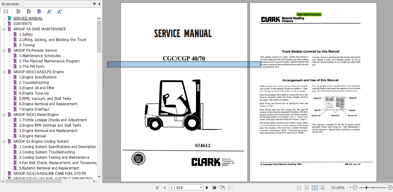 Clark Forklift Truck CGC CGP40 70 LPG Service Manual SM612 1