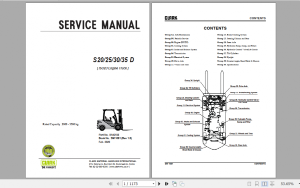 Clark Forklift Truck S20 35D ISUZU Engine Service Manual 8146155 1