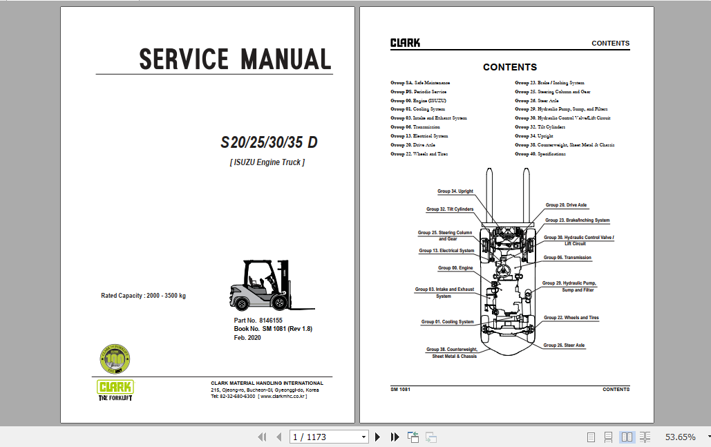 Clark Forklift Truck S20 35D ISUZU Engine Service Manual 8146155 1