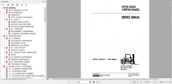 Clark Forklift Truck SF35 45DL CMP40 50sDL Service Manual 8034283 1