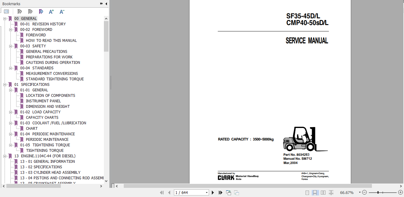 Clark Forklift Truck SF35 45DL CMP40 50sDL Service Manual 8034283 1