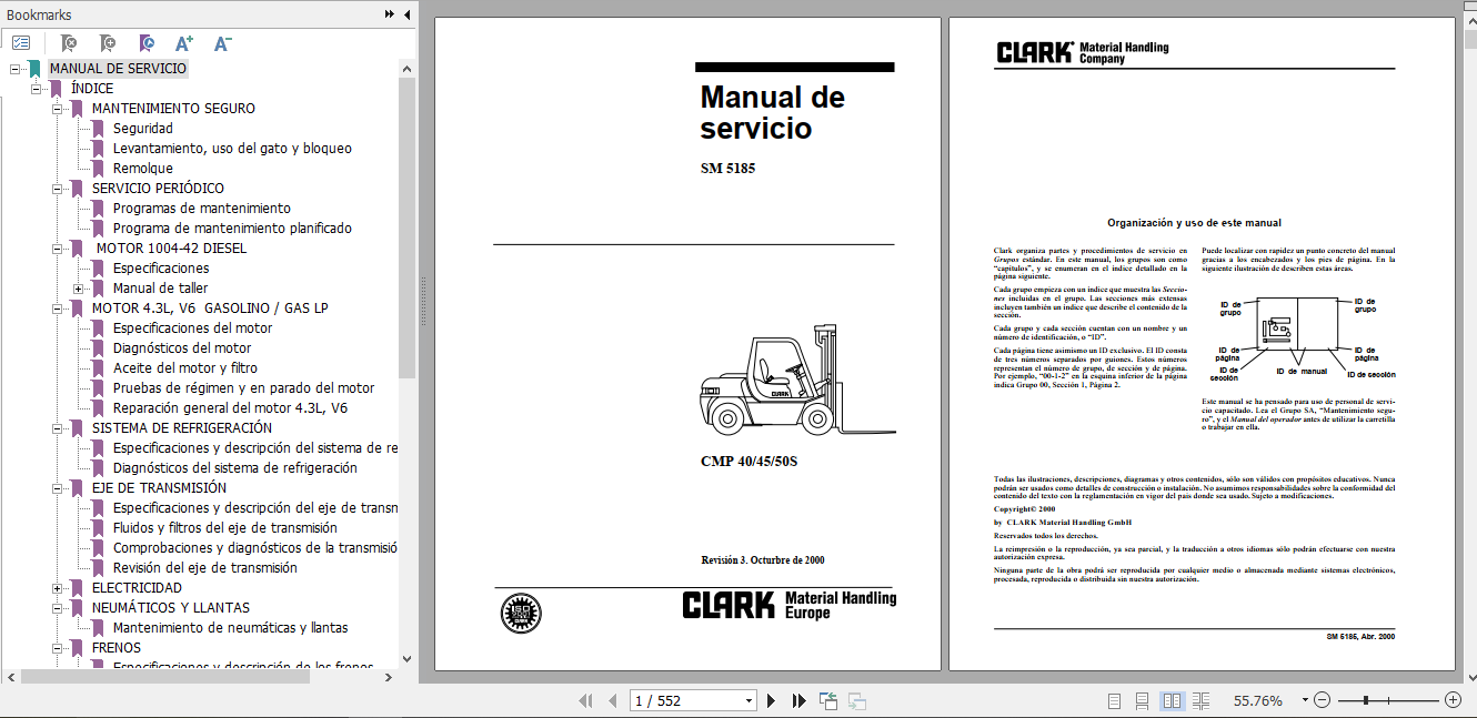 Clark Forklift Truck Spanish CMP 40 45 50s Service Manual SM 5185 190fca770c1f75cc2