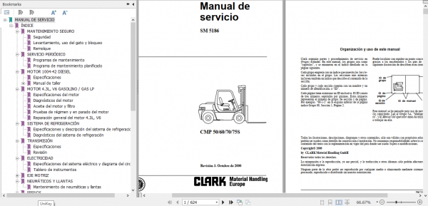 Clark Forklift Truck Spanish CMP50 60 70 75s Service Manual SM 5186