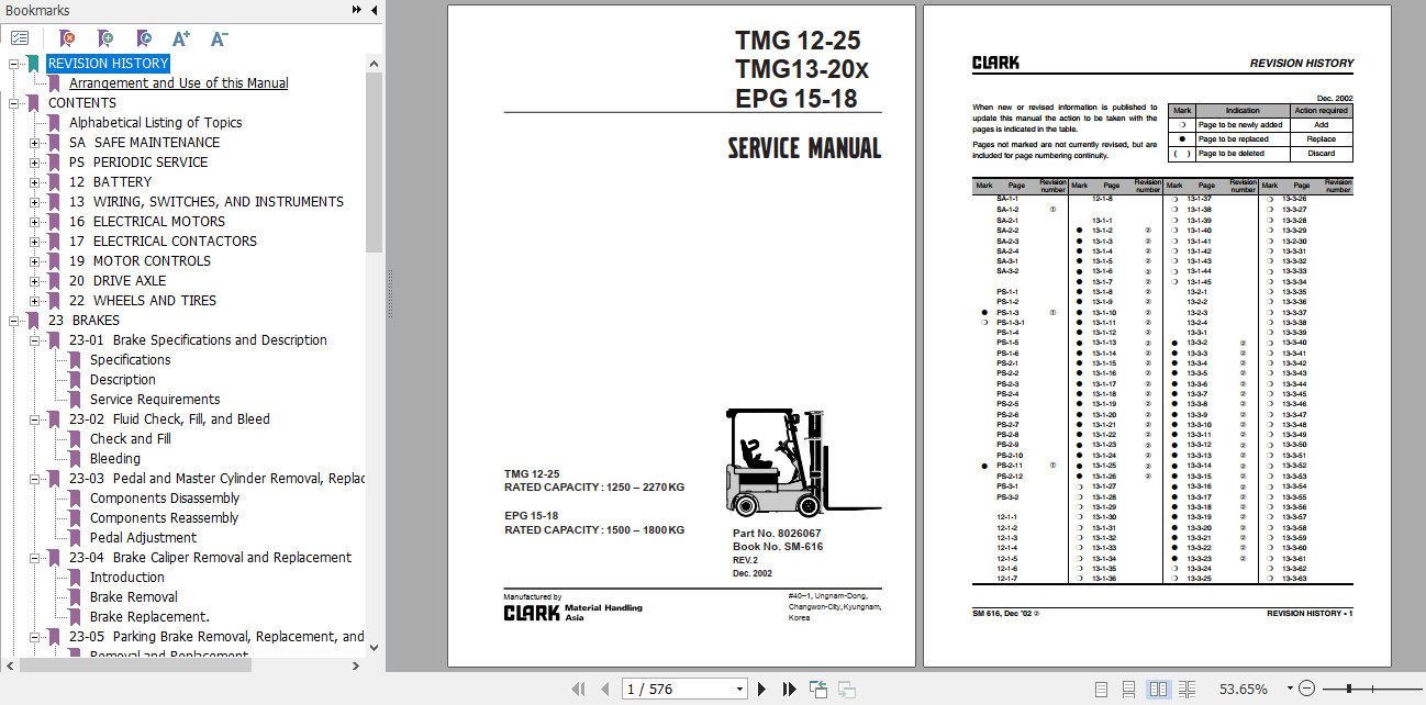Clark Forklift Truck TMG 12 25 TMG 13 20X EPG 15 18 Service Manual 8026067 1