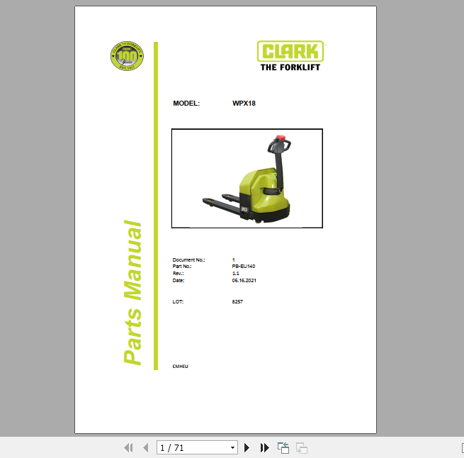 Clark Forklift WPX18 Parts Manual PB EU140 1