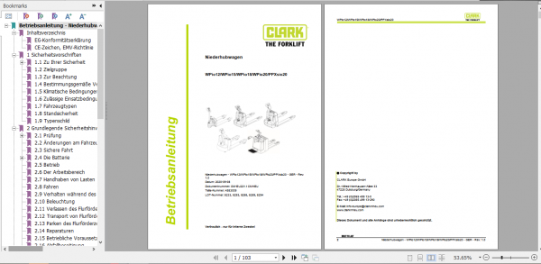 Clark Forklift WPio12 PPXsio20 German Operator Manual 4583009 1