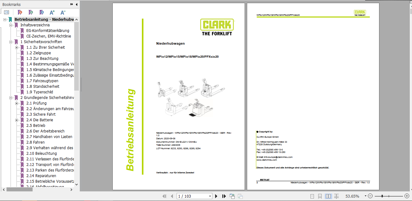Clark Forklift WPio12 PPXsio20 German Operator Manual 4583009 1