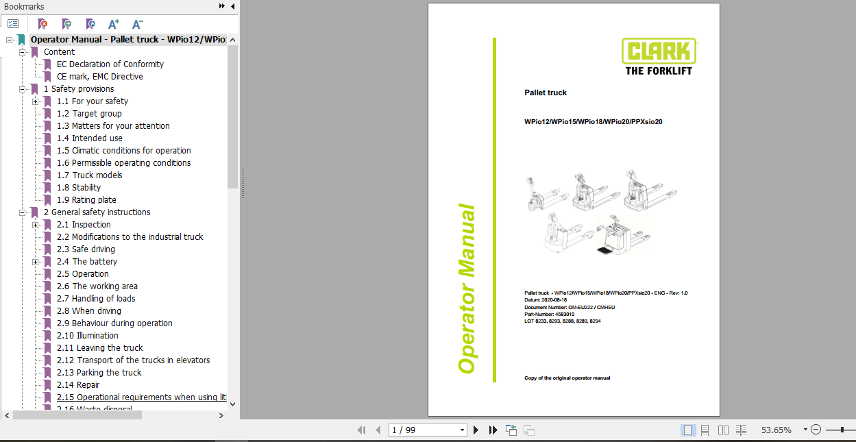 Clark Forklift WPio12 PPXsio20 Operator Manual 4583010 1