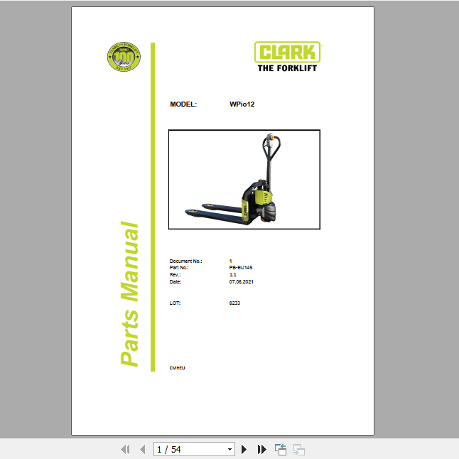 Clark Forklift WPio12 Parts Manual PB EU145 1