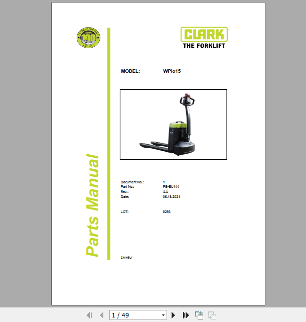 Clark Forklift WPio15 Parts Manual PB EU145 1