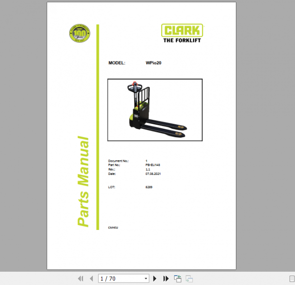 Clark Forklift WPio20 Parts Manual PB EU148 1