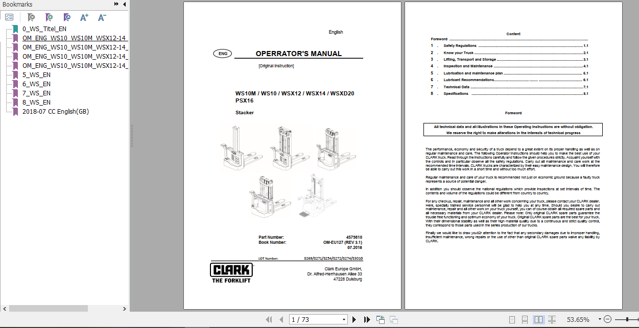 Clark Forklift WS10M WSXD20 PSX16 Operator Manual 4579810 1