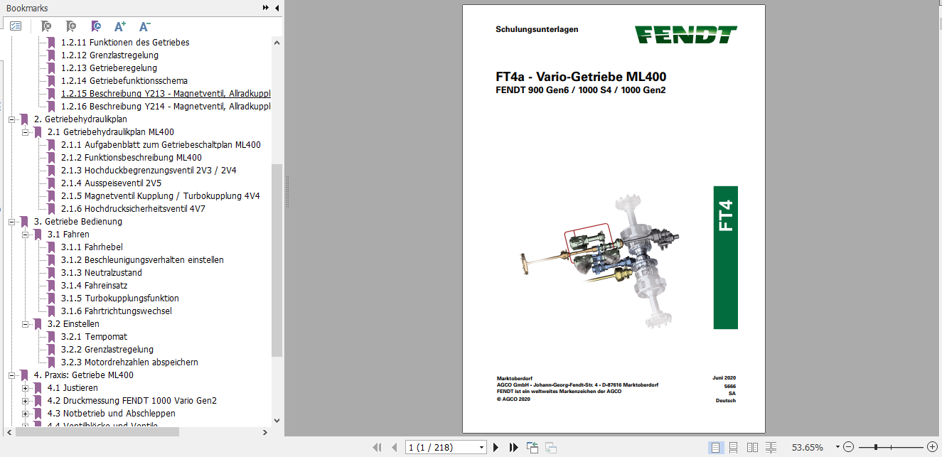 Fendt Tractor FT4 Vario Transmission ML400 Service Training Manual German 1