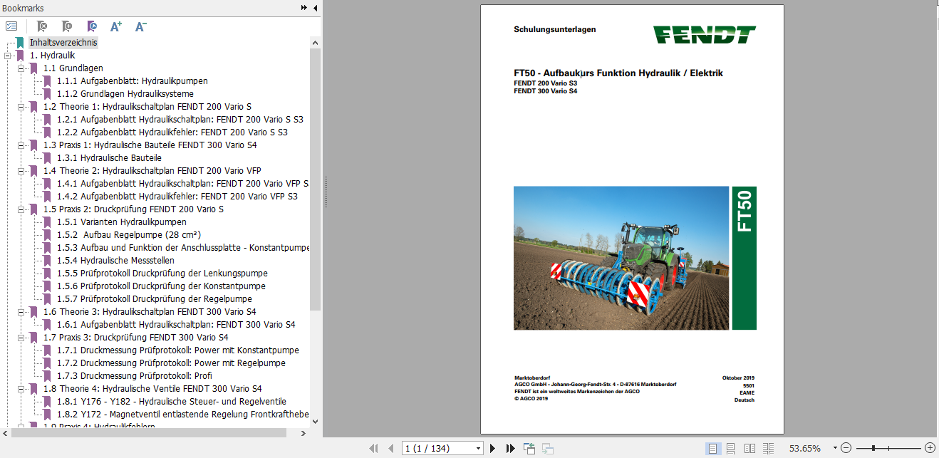 Fendt Tractor FT50 Function of Hydraulic Electrical System Service Training Manual German 1