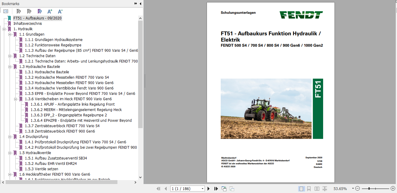Fendt Tractor FT51 Function of Hydraulic Electrical System Service Training Manual German