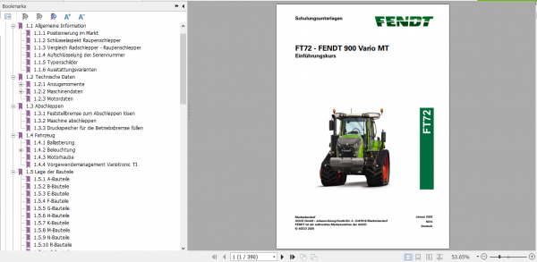 Fendt Tractor FT72 900 Vario MT Introductory Course Service Training Manual German 1