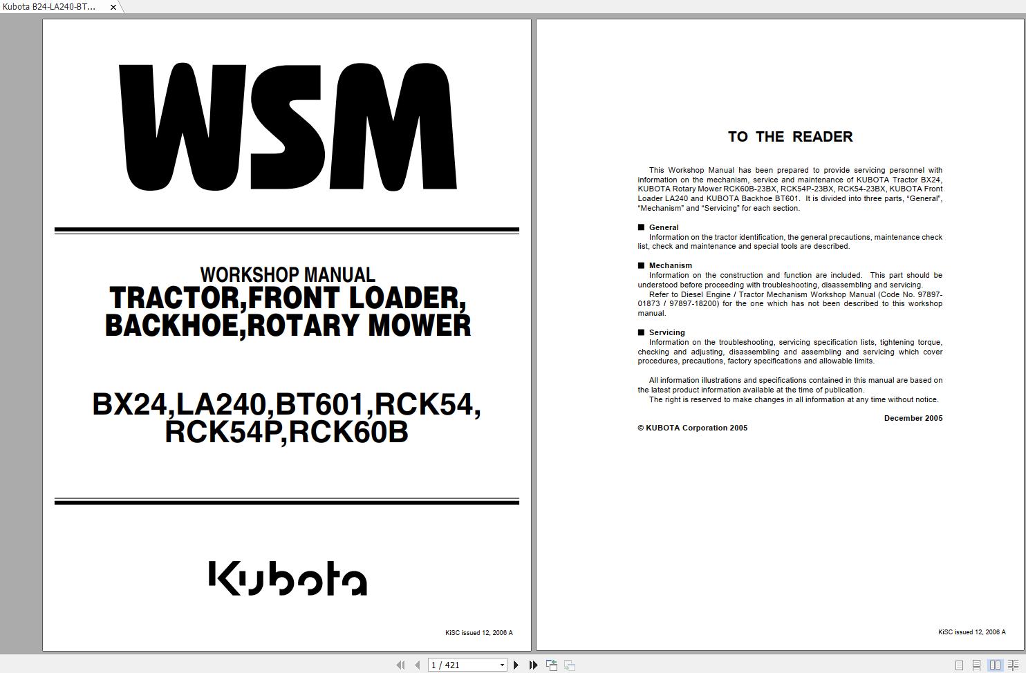 Kubota B24 LA240 BT601 RCK54 RCK54P RCK60B Workshop Manual EN 1