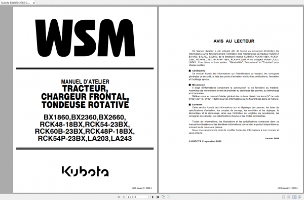 Kubota BX1860 2360 2660 RCK48 54 60 48P 54P18BX23BX LA203 243 Workshop Manual FR 2009 1