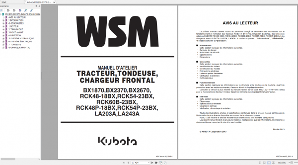 Kubota BX1870 2370 2670 RCK48 54 60 48P 54P18BX23BX LA203A 243A Workshop Manual FR 1