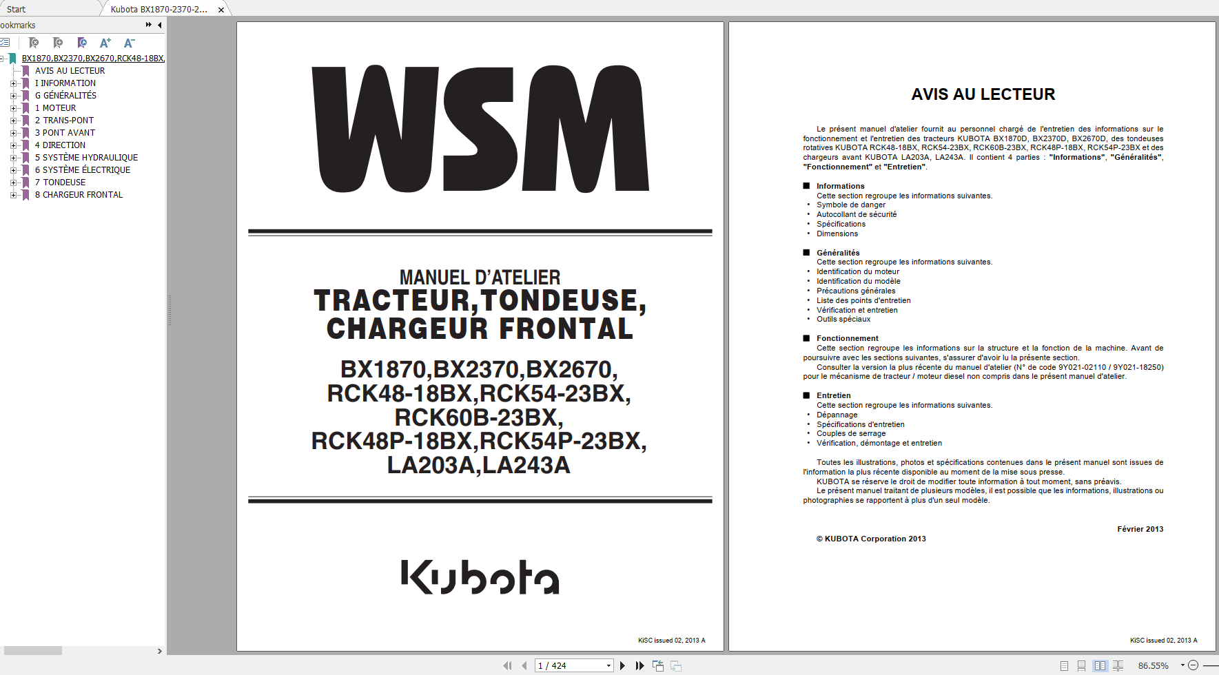 Kubota BX1870 2370 2670 RCK48 54 60 48P 54P18BX23BX LA203A 243A Workshop Manual FR 1