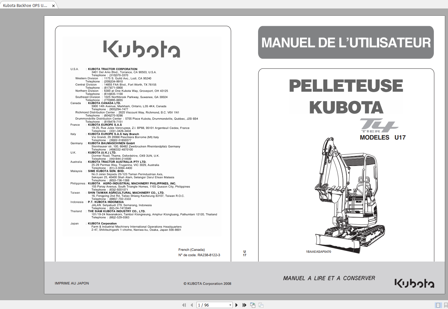 Kubota Backhoe OPS U17 User Manual FR 1