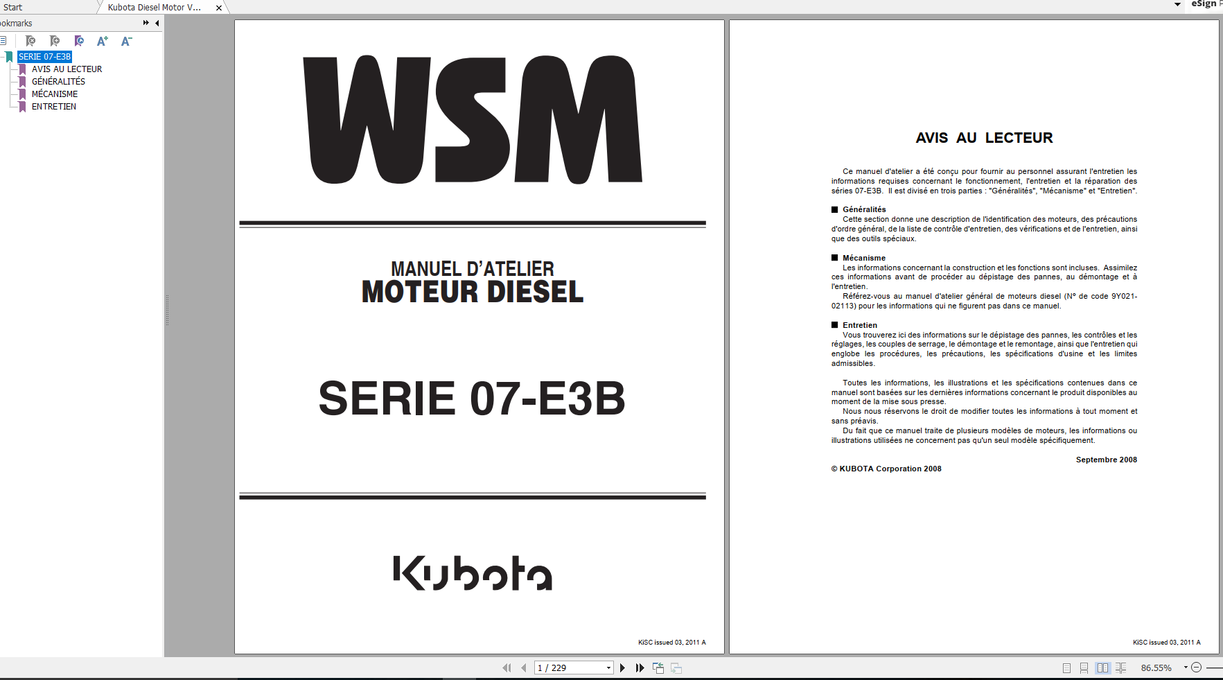 Kubota Diesel Motor V2607 V3007 V3307 DI T E3B Workshop Manual FR 0