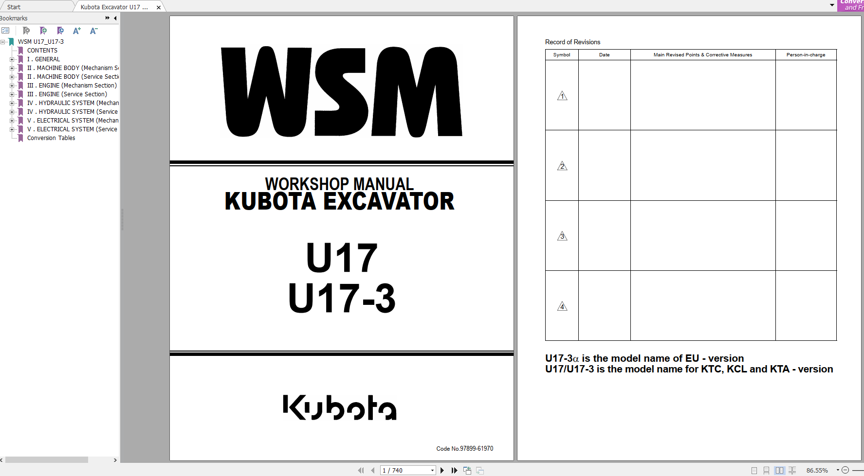 Kubota Excavator U17 U17 3 Workshop Manual EN 1
