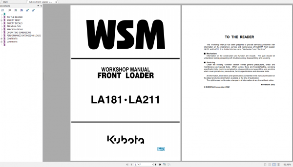 Kubota Front Loader LA181 LA211 Workshop Manual EN 1