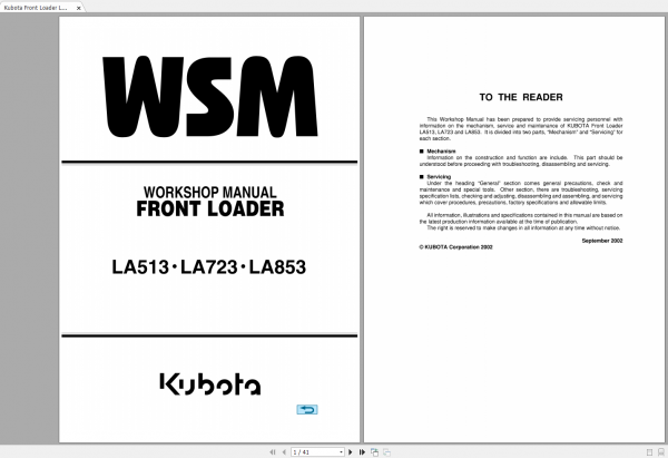 Kubota Front Loader LA513 LA723 LA853 Workshop Manual EN 1
