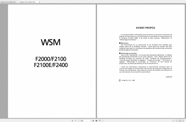 Kubota Front Mout Mower F2000 F2100 F2100E F2400 Workshop Manual ENFR 1