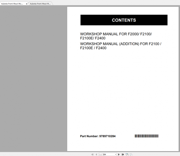 Kubota Front Mout Mower F2000 F2100 F2100E F2400 Workshop Manual ENFR 2