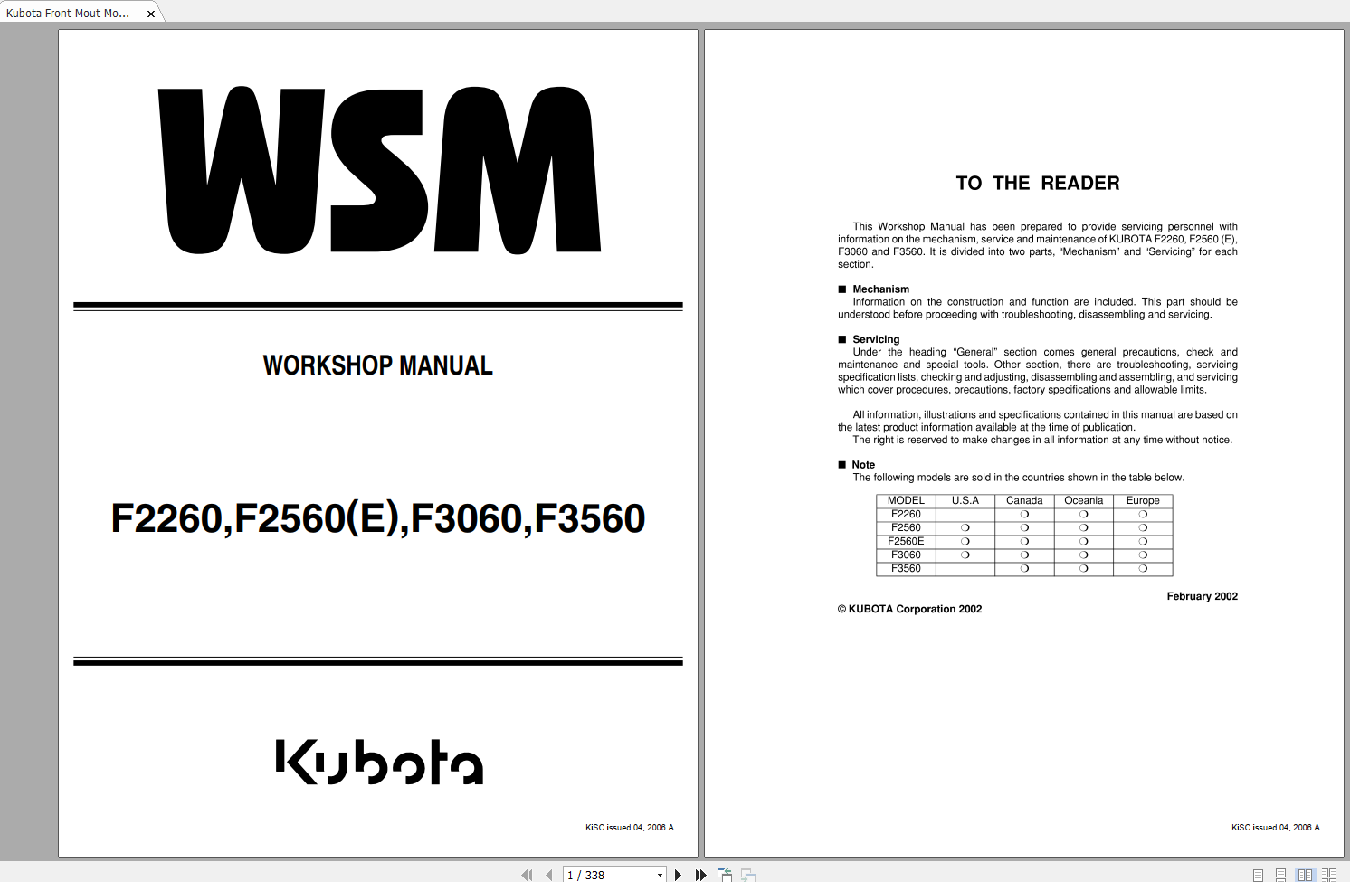 Kubota Front Mout Mower F2260 F2560 F3060 F3560 Workshop Manual EN 1
