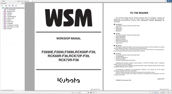 Kubota Front Mout Mower F2690 F2690E F3990 RCK60P 60R 72P 72RF36F39 Workshop Manual EN 1