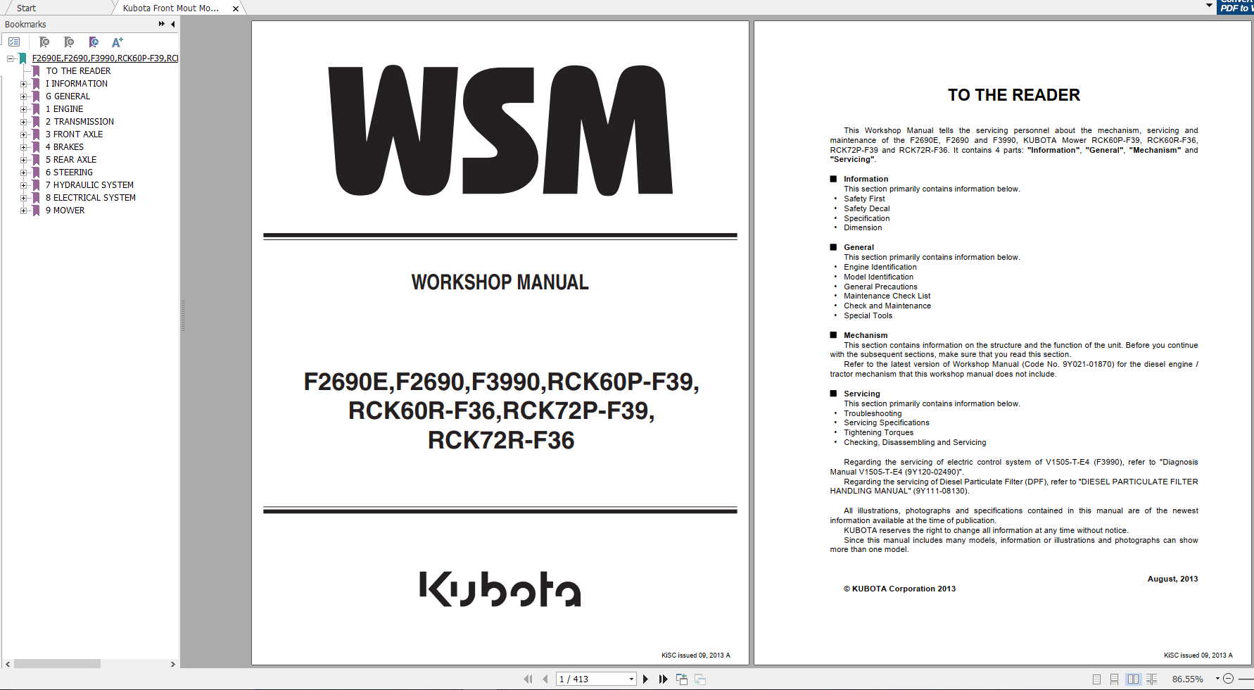 Kubota Front Mout Mower F2690 F2690E F3990 RCK60P 60R 72P 72RF36F39 Workshop Manual EN 1