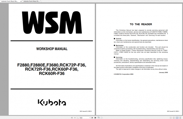 Kubota Front Mout Mower F2880 F2880E F3680 RCK72R 60P 60RF36 Workshop Manual ENFR 1
