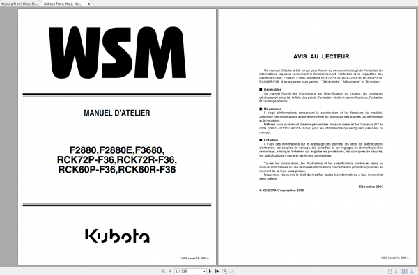 Kubota Front Mout Mower F2880 F2880E F3680 RCK72R 60P 60RF36 Workshop Manual ENFR 3