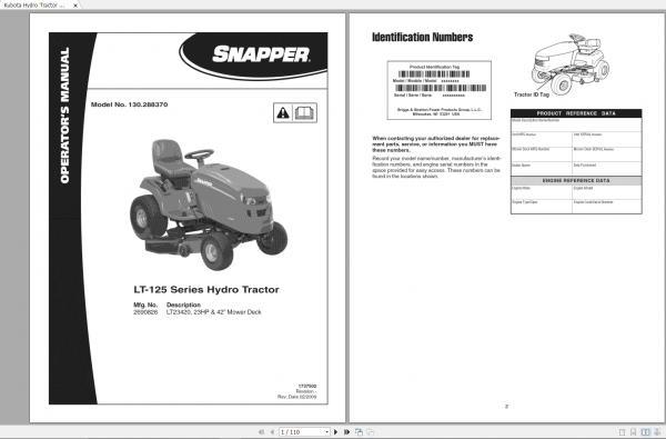 Kubota Hydro Tractor LT 125 Series Operators Manual 1