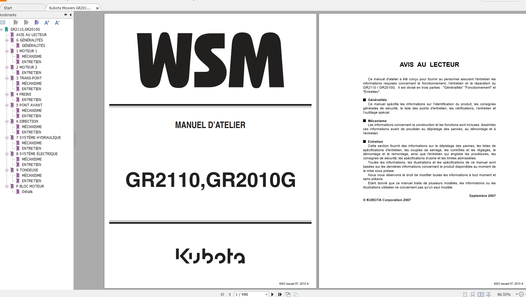 Kubota Mowers GR2010G GR2110 Workshop Manual FR 1