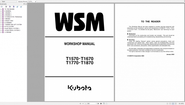 Kubota Mowers T1570 T1670 T1770 T1870 Workshop Manual EN 1