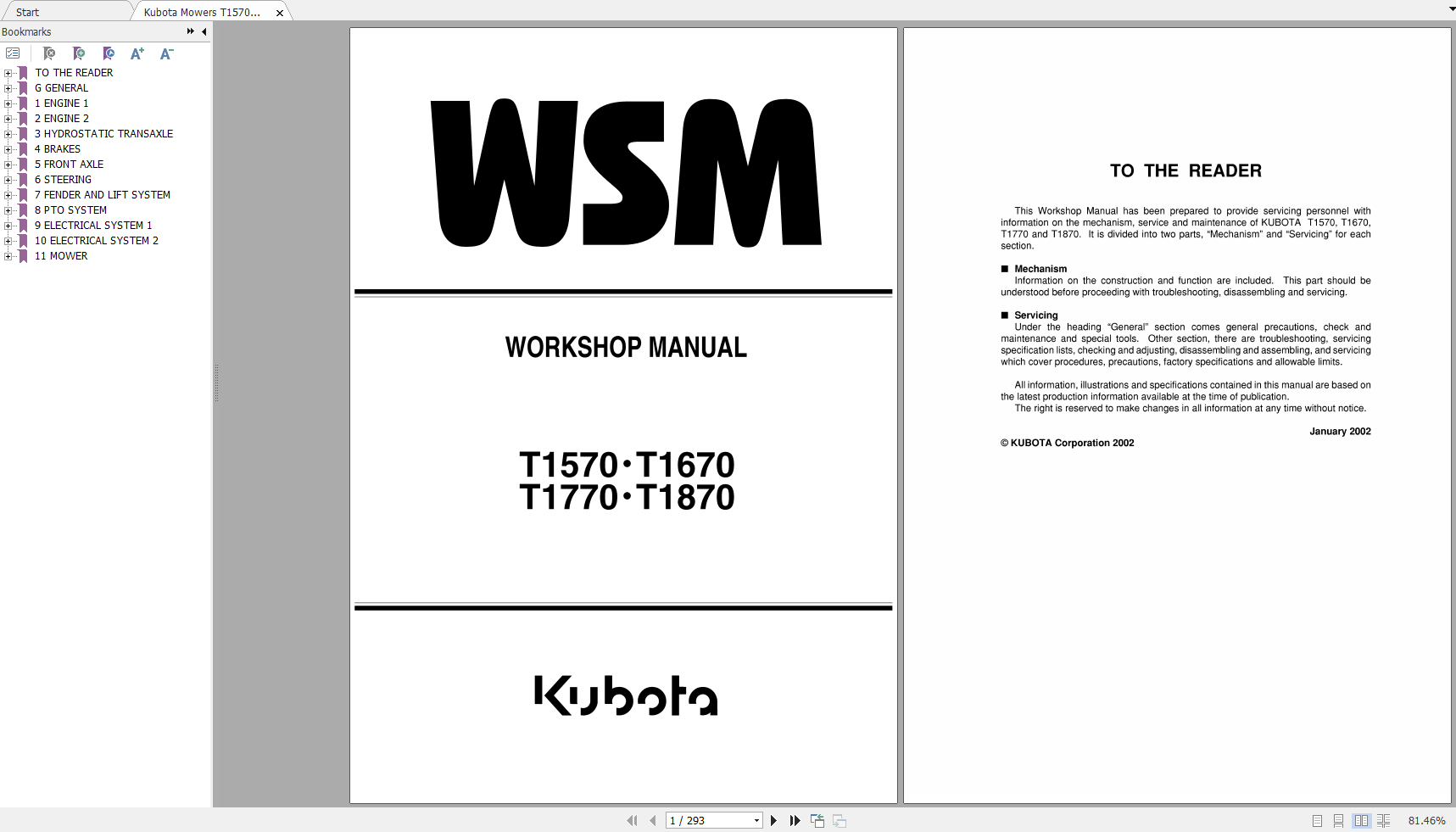 Kubota Mowers T1570 T1670 T1770 T1870 Workshop Manual EN 1