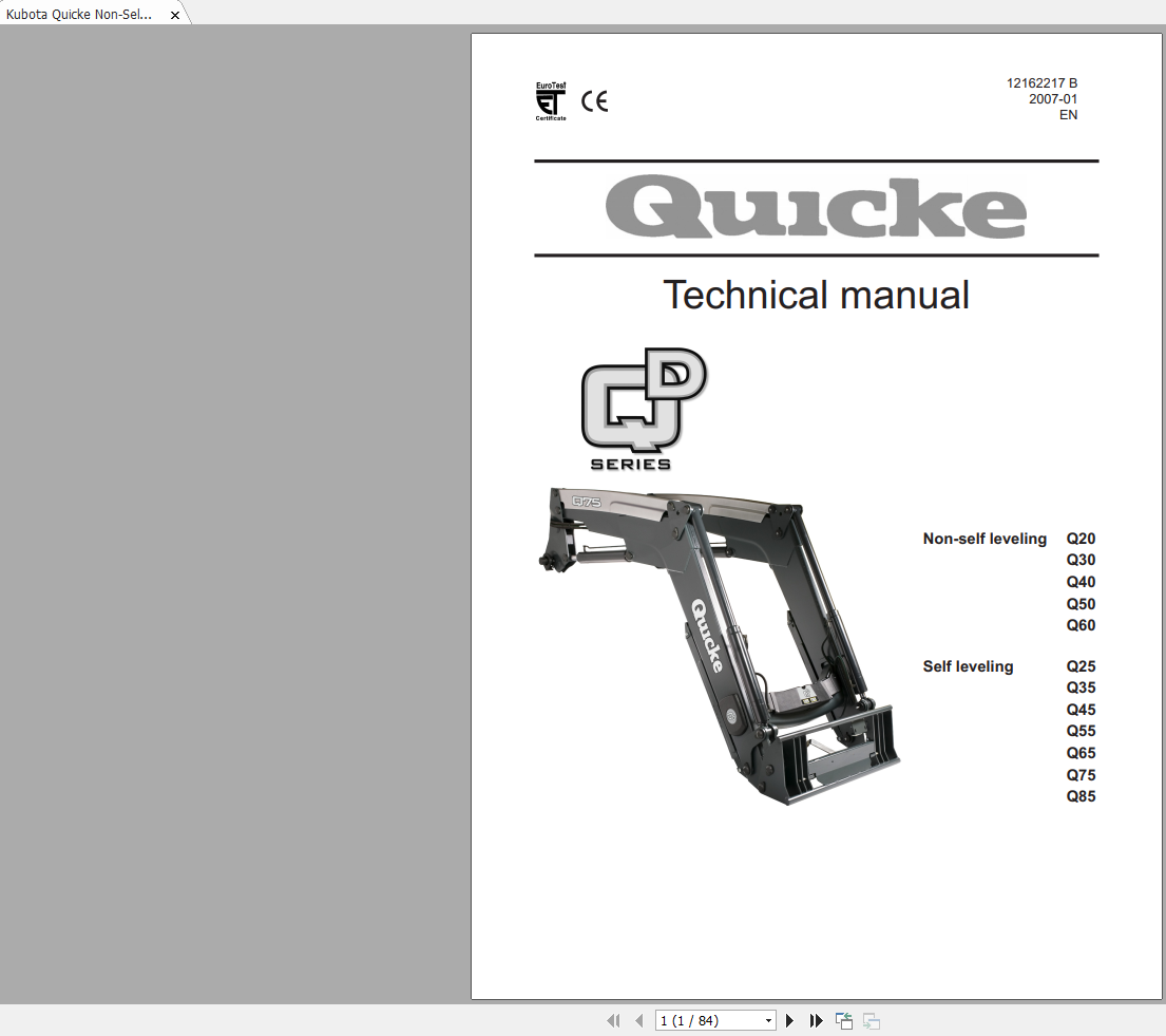 Kubota Quicke Non Self Leveling Q20 Q85 Technical Manual 1