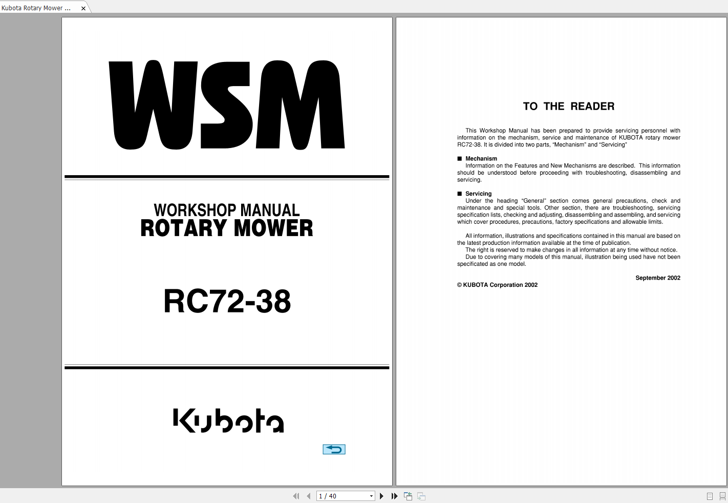 Kubota Rotary Mower RC72 38 Workshop Manual EN 1