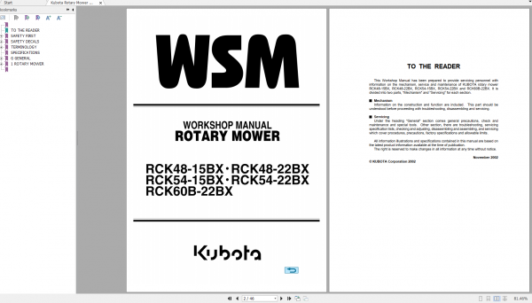 Kubota Rotary Mower RCK48 RCK54 RCK60B15BX22BX Workshop Manual EN 1
