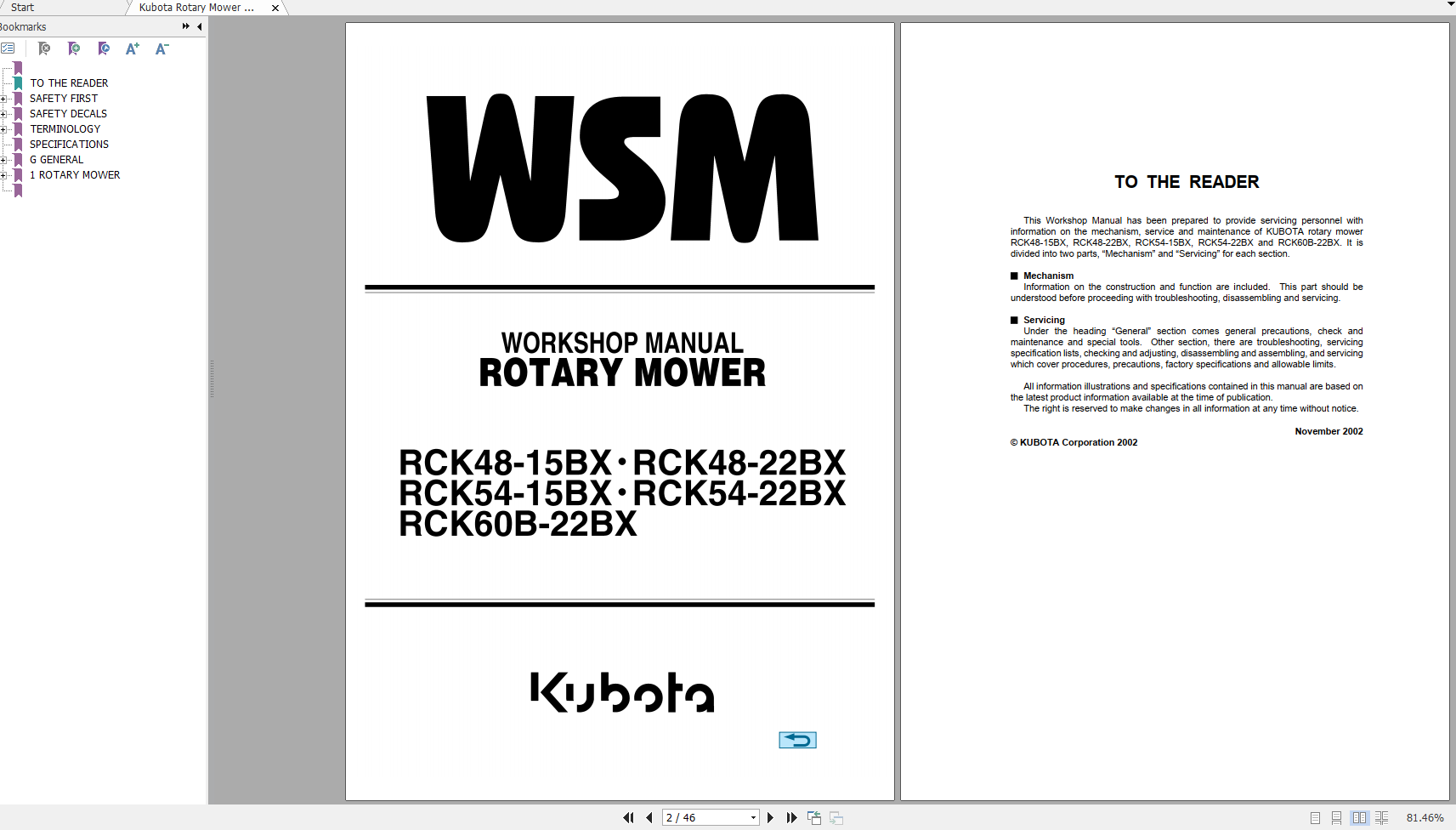 Kubota Rotary Mower RCK48 RCK54 RCK60B15BX22BX Workshop Manual EN 1