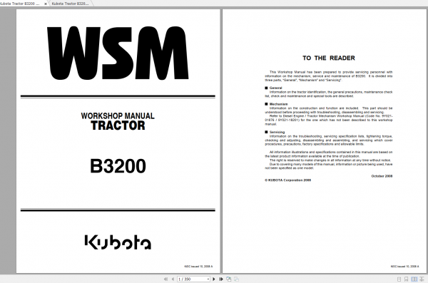 Kubota Tractor B3200 Workshop Manual ENFR 2