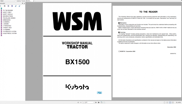 Kubota Tractor BX1500 Workshop Manual EN 1