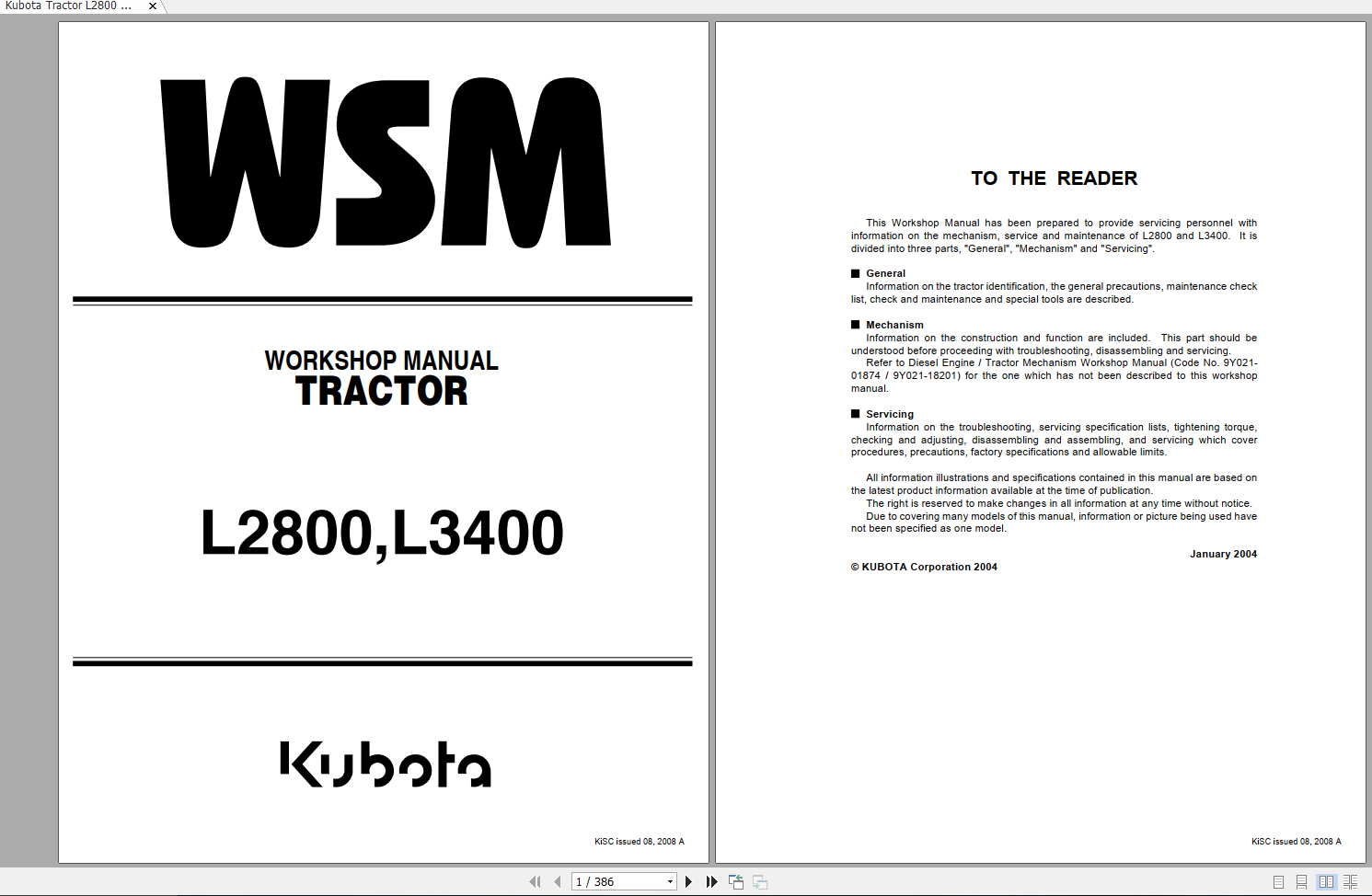 Kubota Tractor L2800 L3400 Workshop Manual EN 1