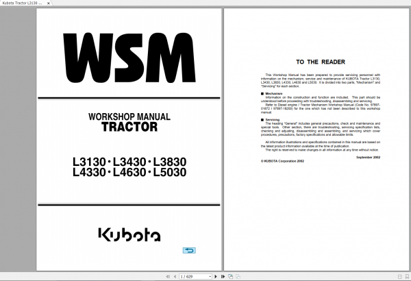 Kubota Tractor L3130 L3430 L3830 L4330 L4630 L5030 Workshop Manual EN 1